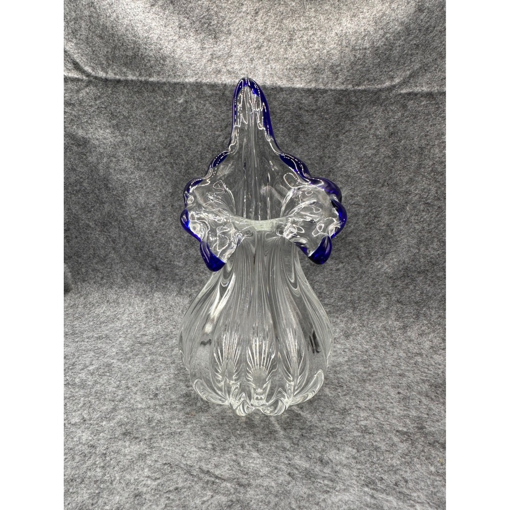 Vintage Hand‎ Blown Art Glass Vase Clear Ribbed Cobalt Blue Ruffled Rim 7.5"